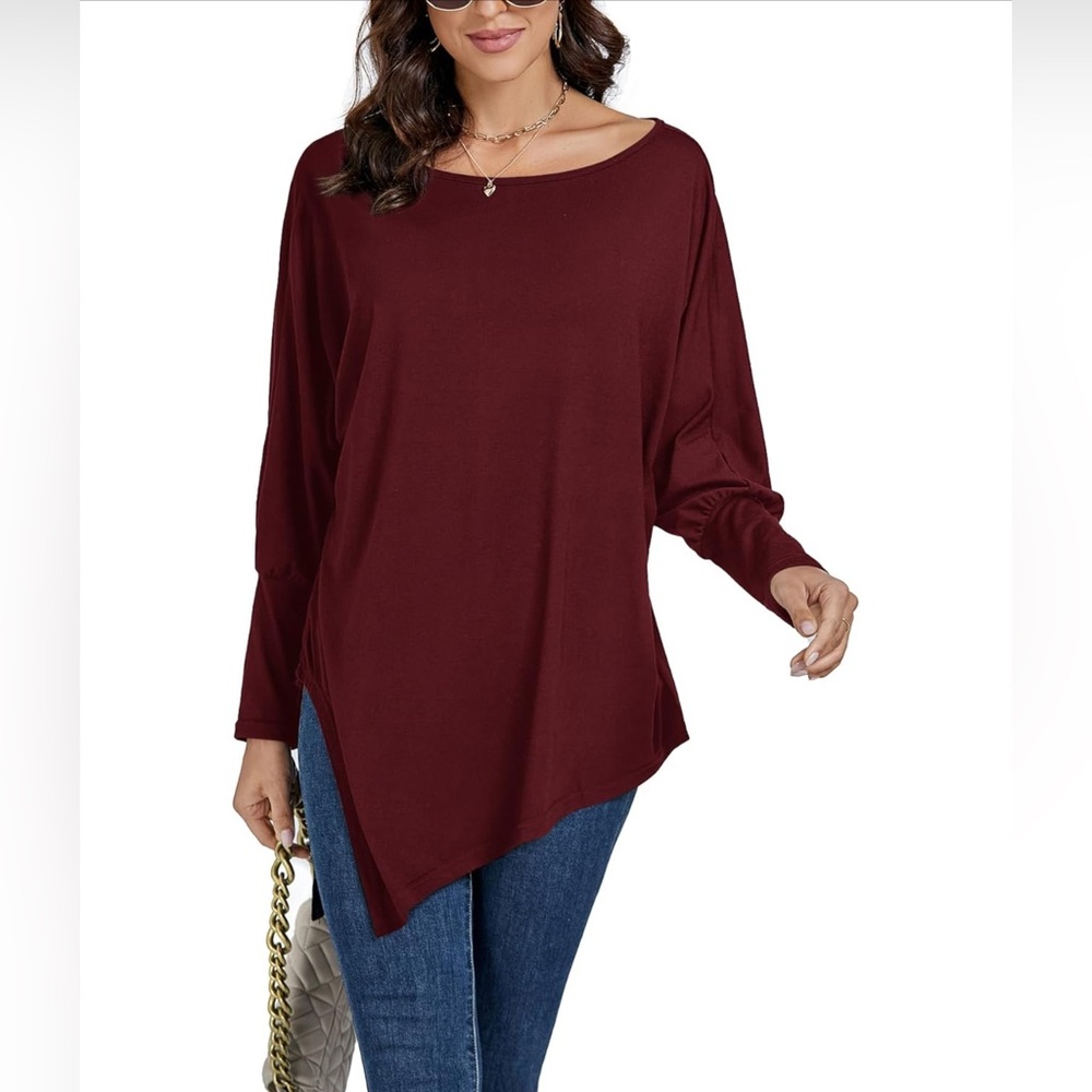 LYANER Boat Neck Burgundy Asymmetrical Long Bat Sleeve Tunic Top